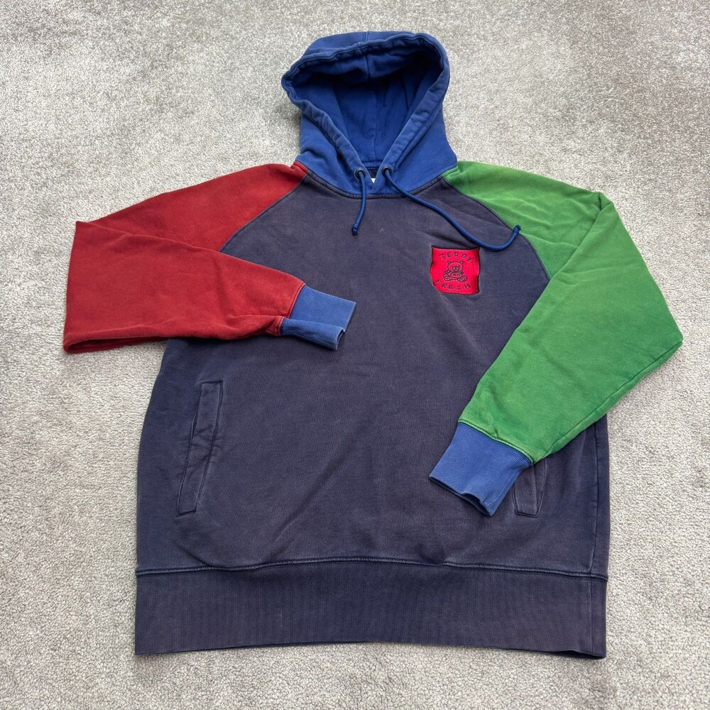 Teddy Fresh Colorblock Hoodie Pullover Sweatshirt Mens Large Blue Green Red